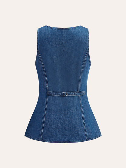 Metal Düğmeli Bağlamalı Kot V Yaka Şort Takımı