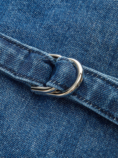 Metal Düğmeli Bağlamalı Kot V Yaka Şort Takımı