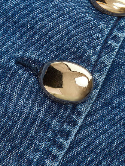 Metal Düğmeli Bağlamalı Kot V Yaka Şort Takımı