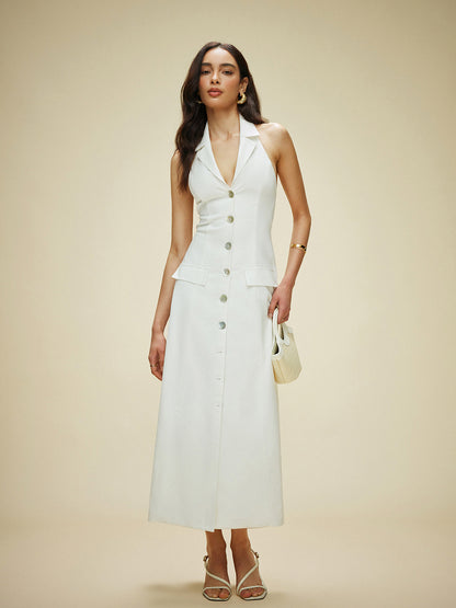 Pamuk ve Keten Cep Detaylı Askılı Elbise