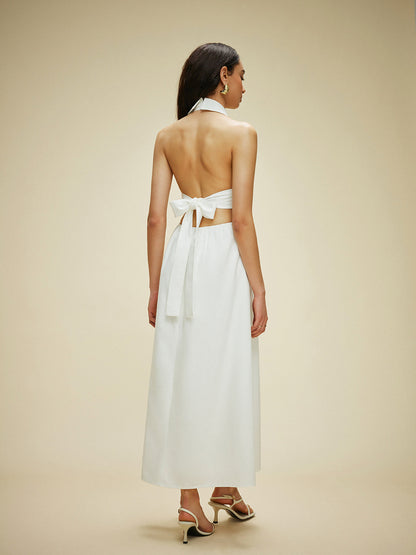 Pamuk ve Keten Cep Detaylı Askılı Elbise