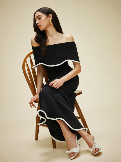 Renk Bloklu Omuz Açık Volanlı Örgü Elbise