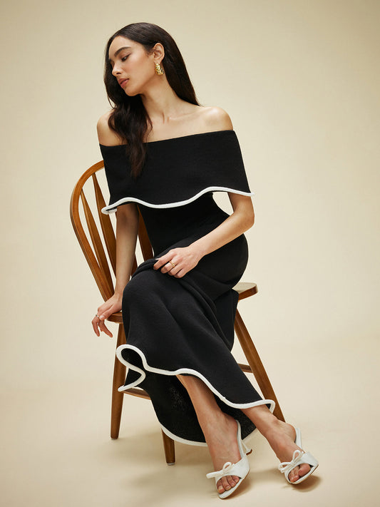 Renk Bloklu Omuz Açık Volanlı Örgü Elbise