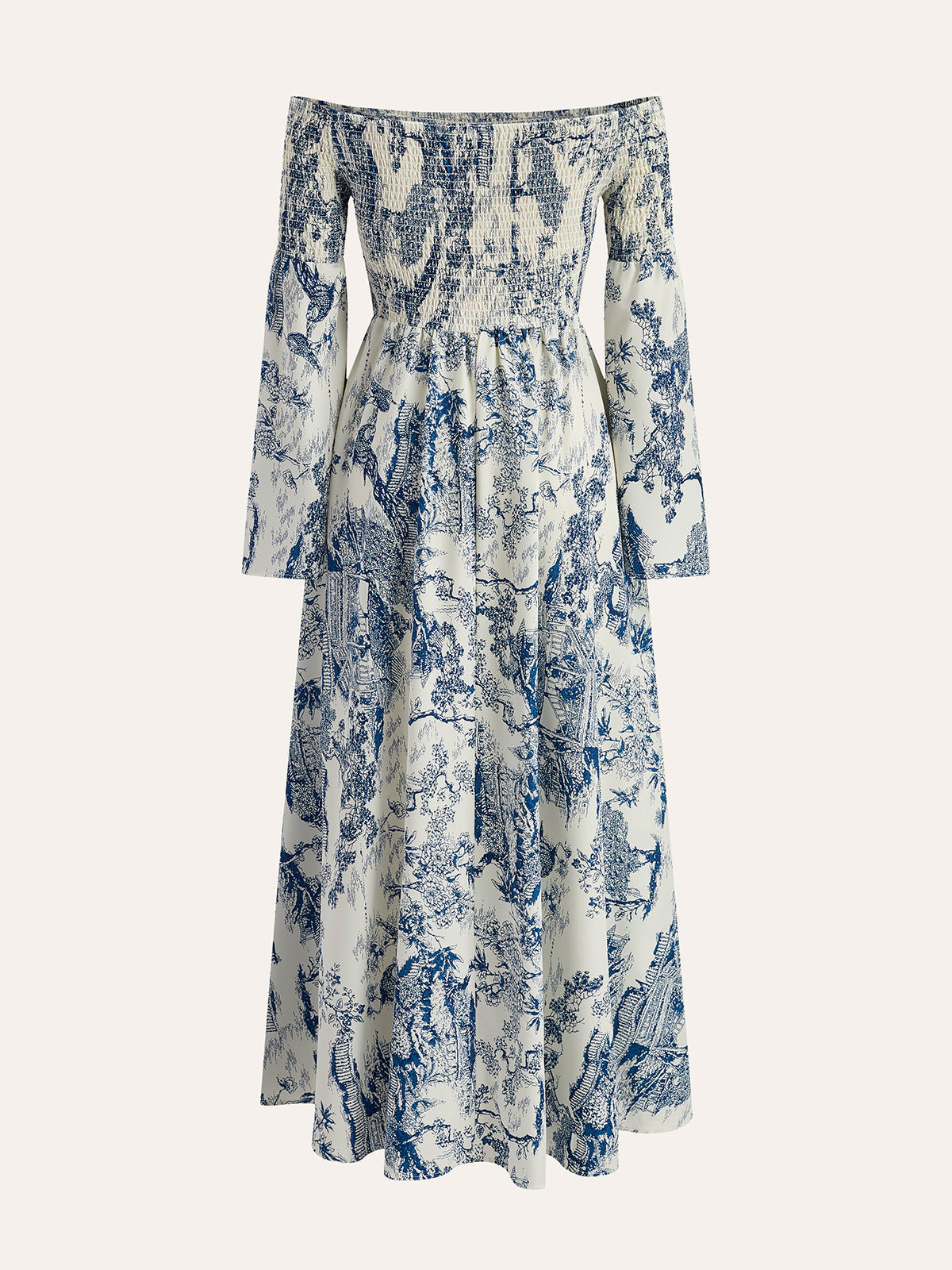 Baskılı Omuz Açık Fırfırlı Kollu Elbise