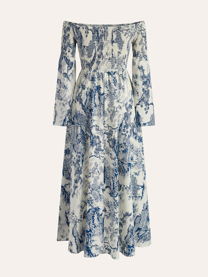 Baskılı Omuz Açık Fırfırlı Kollu Elbise