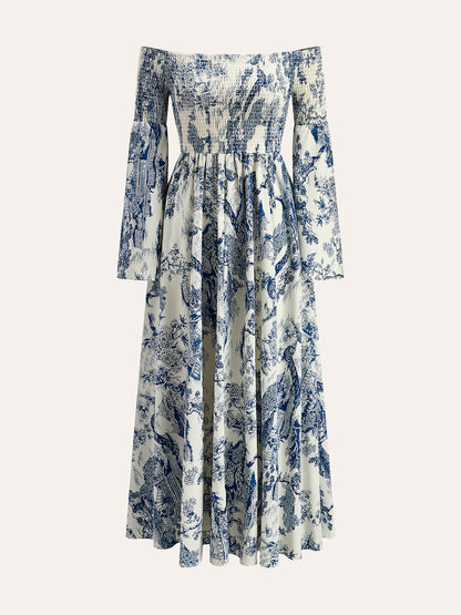 Baskılı Omuz Açık Fırfırlı Kollu Elbise