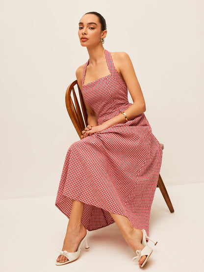 Pamuk ve Keten Ekose Askılı Elbise