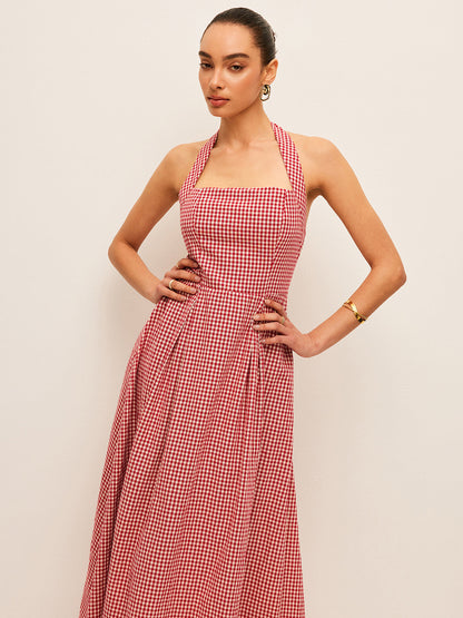 Pamuk ve Keten Ekose Askılı Elbise