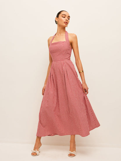 Pamuk ve Keten Ekose Askılı Elbise