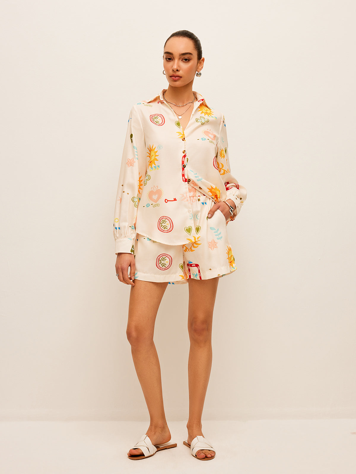 Pileli Desenli Baskılı Şort Takımı