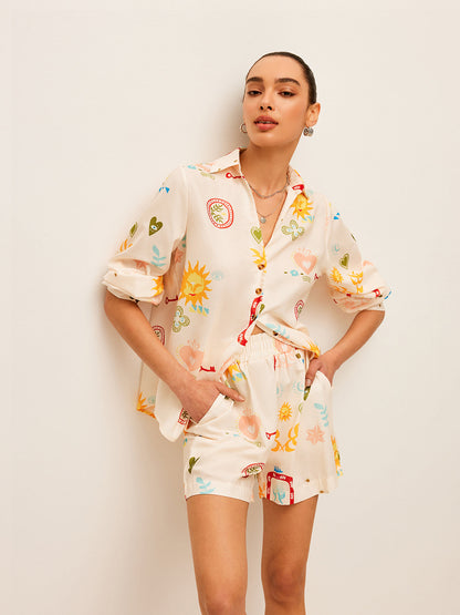 Pileli Desenli Baskılı Şort Takımı