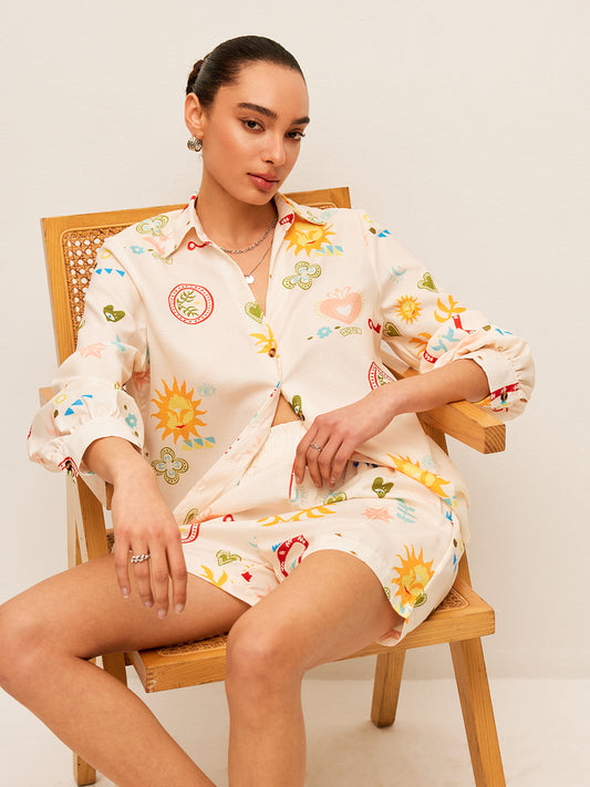 Pileli Desenli Baskılı Şort Takımı