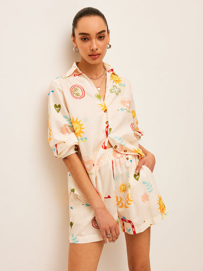 Pileli Desenli Baskılı Şort Takımı