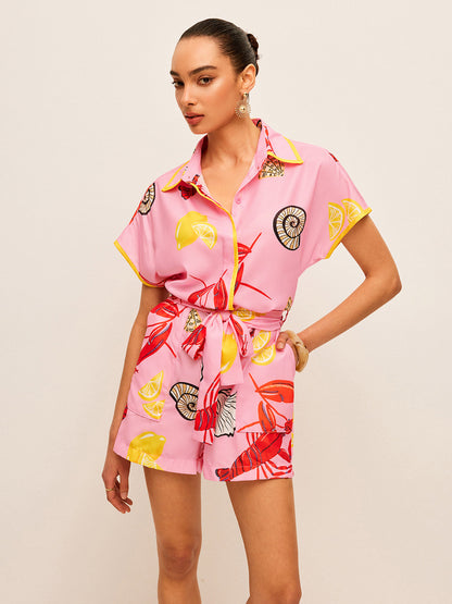 Meyve ve Kabuk Desenli Bağcıklı Tulum