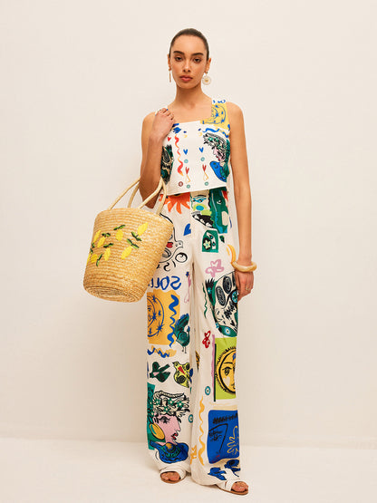 Grafik Baskılı Crop Top ve Geniş Paça Pantolon Takımı