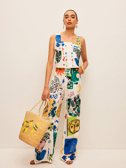 Grafik Baskılı Crop Top ve Geniş Paça Pantolon Takımı