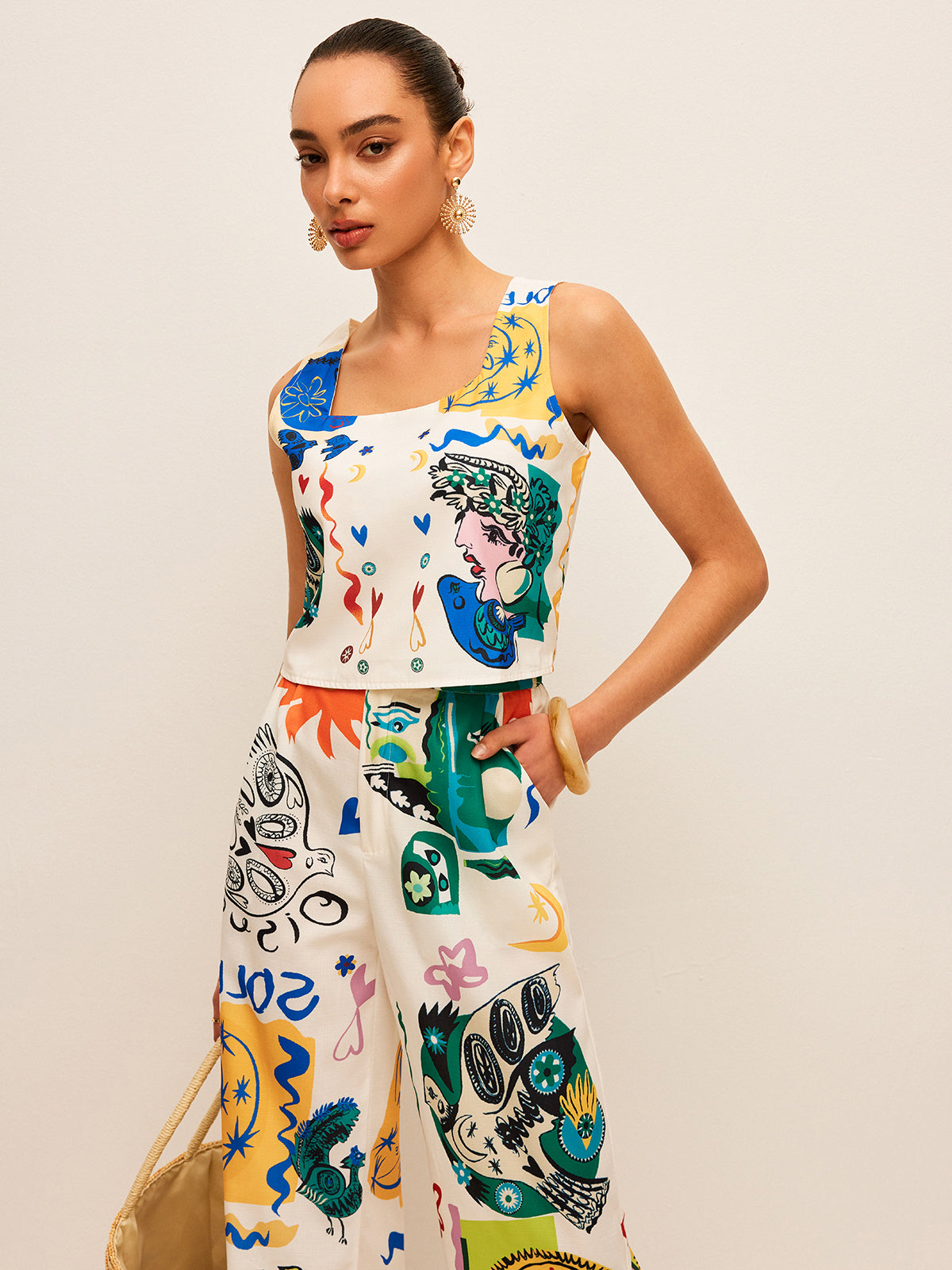 Grafik Baskılı Crop Top ve Geniş Paça Pantolon Takımı