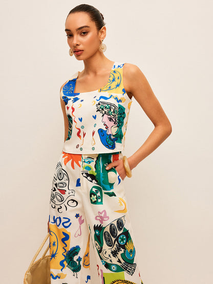 Grafik Baskılı Crop Top ve Geniş Paça Pantolon Takımı