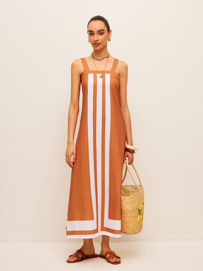 Renk Bloklu Kare Yaka Elbise