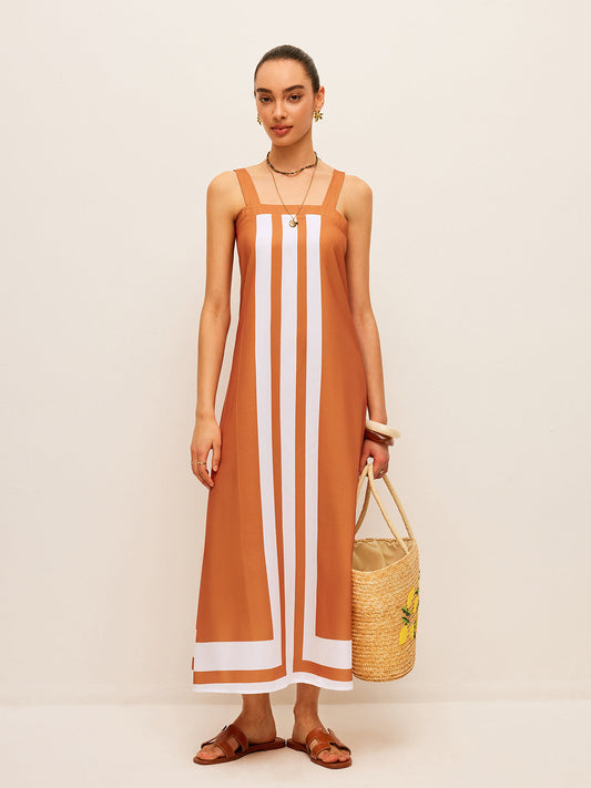 Renk Bloklu Kare Yaka Elbise