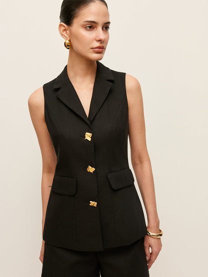 Pamuk ve Keten Düğme Detaylı Cepli Yelek