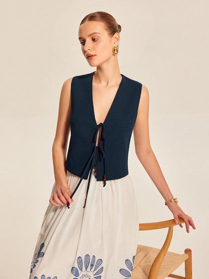 Önü Bağlamalı Boncuklu Kolsuz Üst