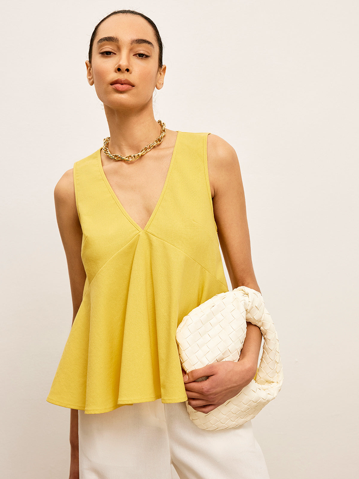 Pamuk ve Keten V Yaka Peplum Üst