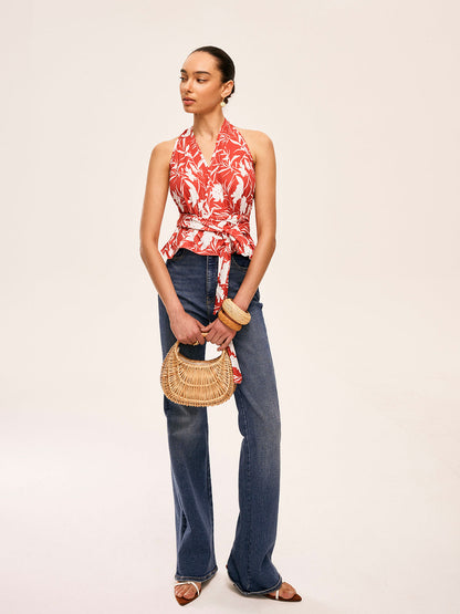 Çiçekli Halter Boyun Bağlamalı Bel Üstü