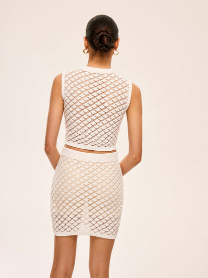 Yarı Şeffaf Düğme Detaylı Örme Etek Takımı