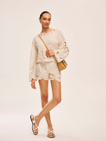İşlemeli Kesik Şort Takımı