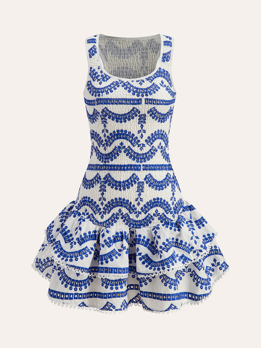 İşlemeli Fırfırlı Kolsuz Elbise