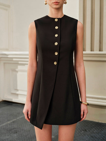 Asimetrik Bağcıklı Metal Düğmeli Elbise