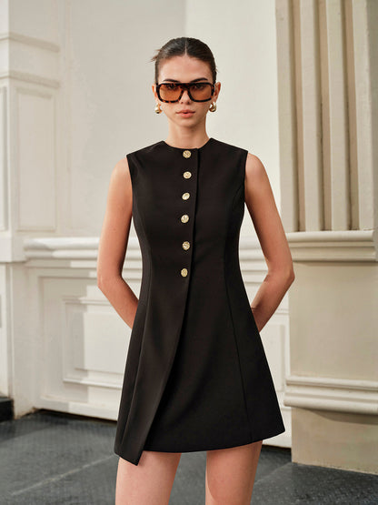 Asimetrik Bağcıklı Metal Düğmeli Elbise