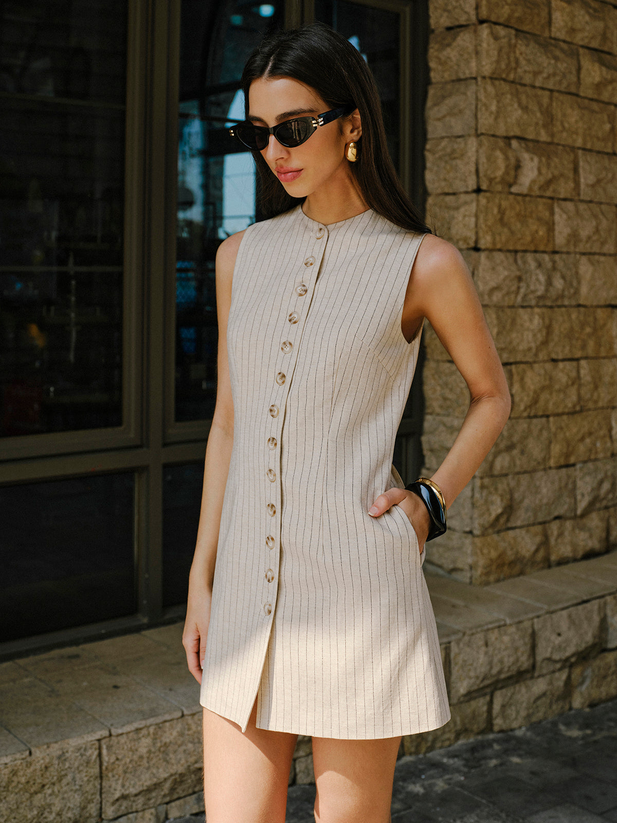 Keten Karışımlı Önü Düğmeli Cepli Elbise