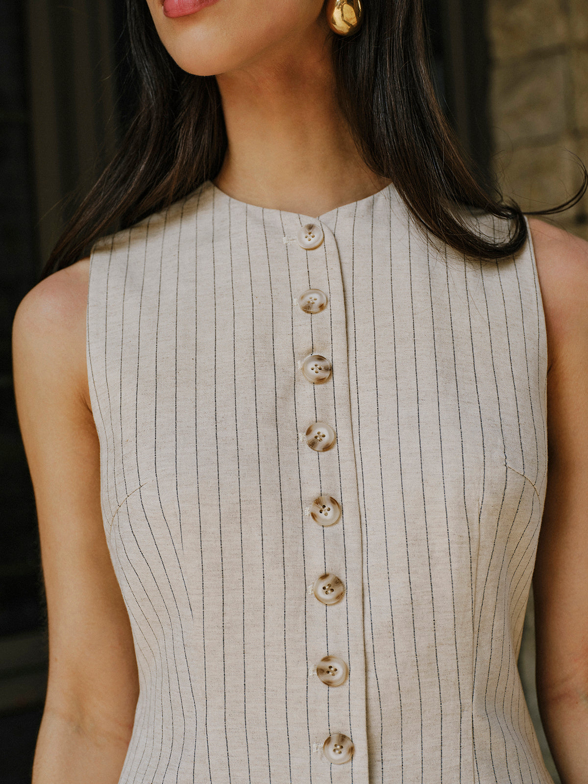 Keten Karışımlı Önü Düğmeli Cepli Elbise