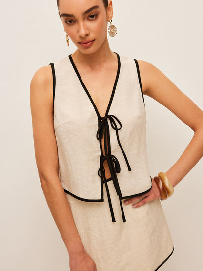 Pamuk ve Keten Kontrast Kesim V Yaka Etek Takımı