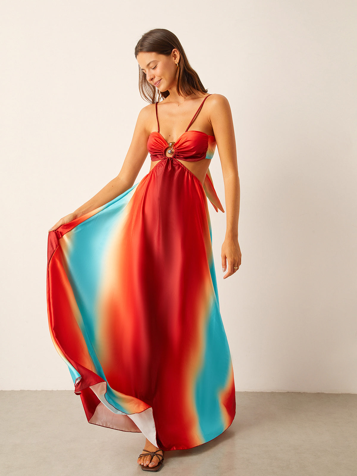 Saten Kesik Bel Degrade Elbise