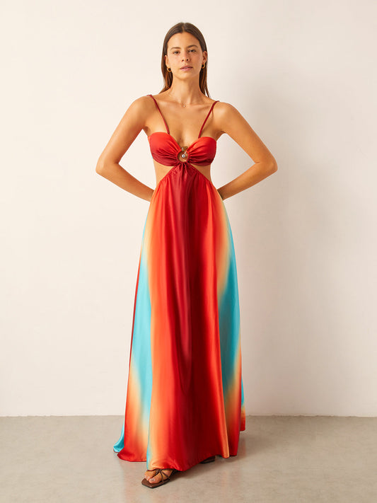 Saten Kesik Bel Degrade Elbise