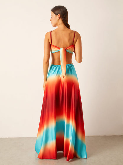 Saten Kesik Bel Degrade Elbise