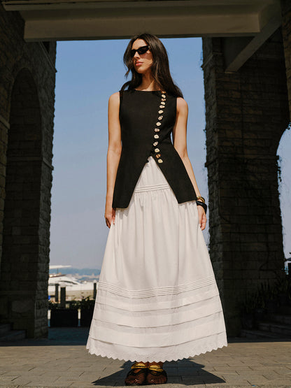 Keten Karışımlı Düğme Detaylı Yelek