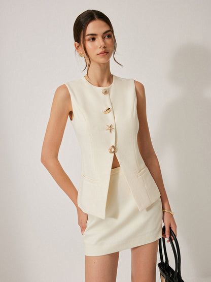 Düğme Detaylı Cepli Etek Takımı