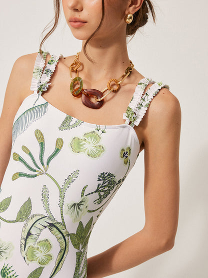 Çiçek Desenli Volanlı Askılı Tek Parça Mayo