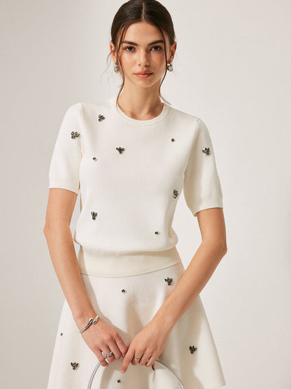 Kısa Kollu Metal Detaylı Düz Kazak