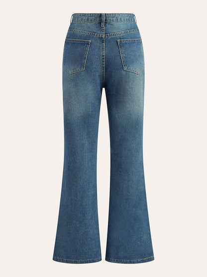 Orta Bel Dekor Düğmeli Fermuarlı Flare Kot Pantolon