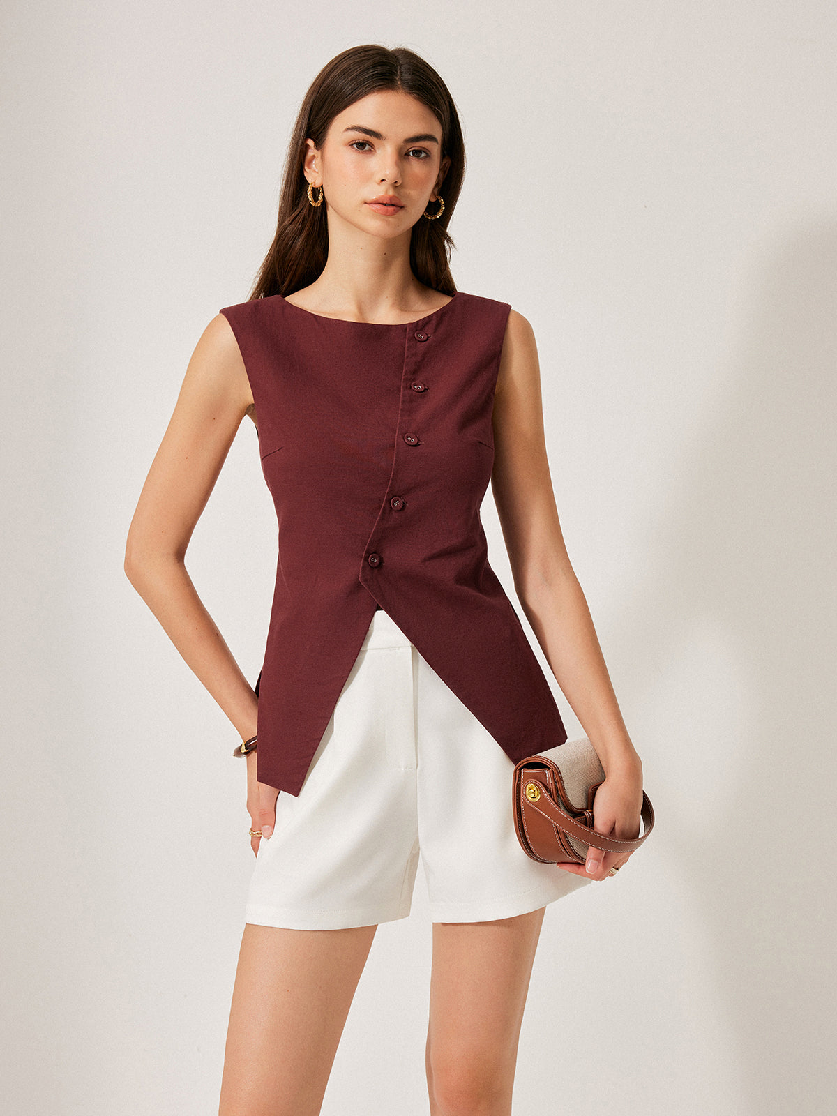 Pamuk ve Keten Düğme Detaylı Üst