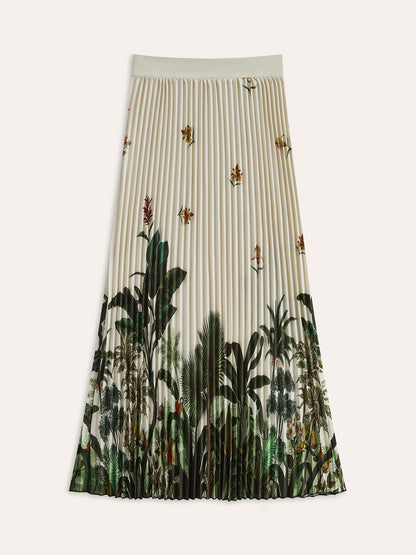 Boho Desenli Orta Bel Büyük Boy Pileli Fermuarlı Etek