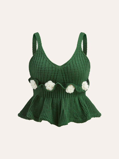 3D Tığ İşi Çiçekli Peplum Kazak Yelek