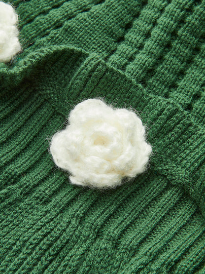 3D Tığ İşi Çiçekli Peplum Kazak Yelek