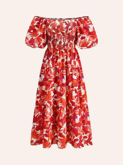 Omuzları Açık Çiçekli Elbise