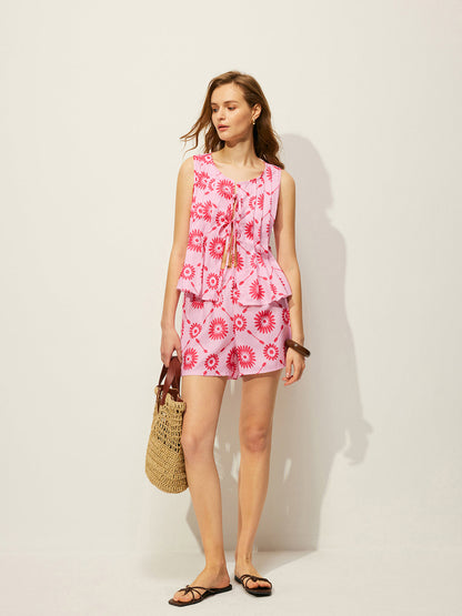 Cepli Çiçek Desenli Şort Takımı